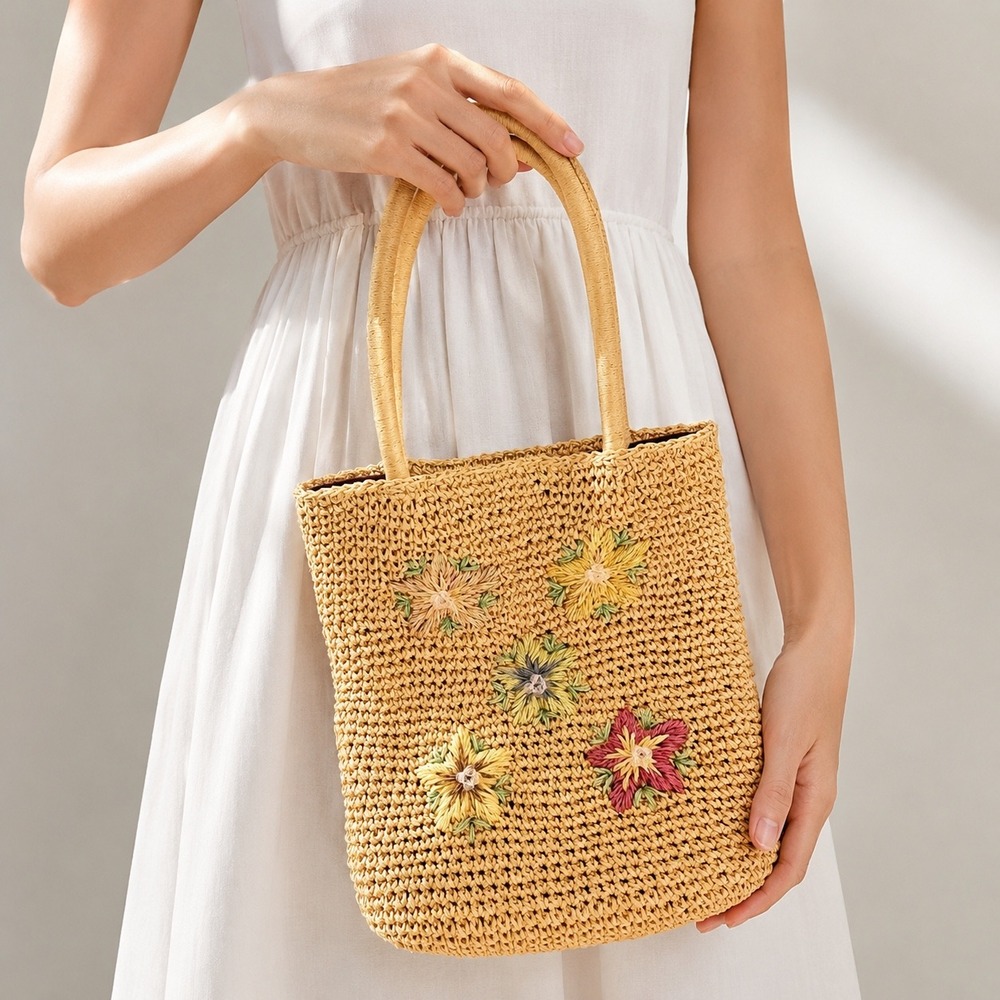 TEMPO Design Straw Crochet Tote Bag Floral Embroidered Purple Lined Boho